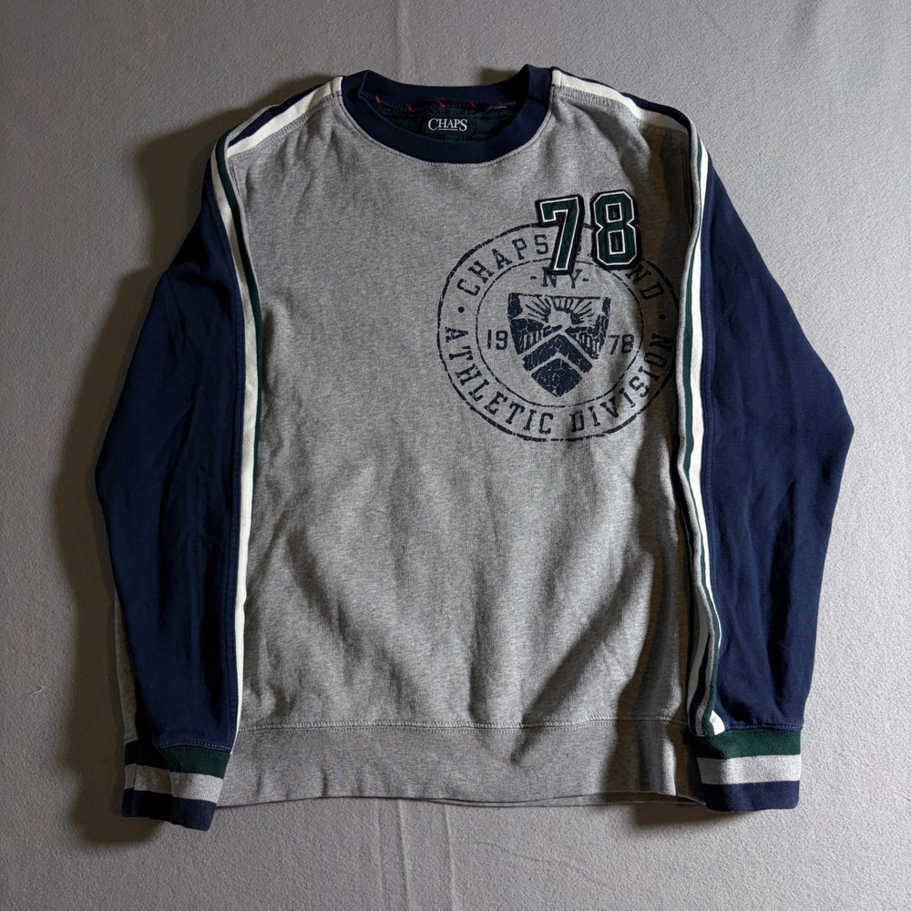 Chaps Mens Athletic Division 78 Crewneck Sweatshirt Gray Navy Blue‎ Size M